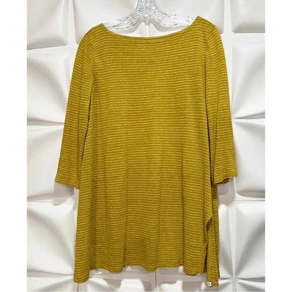 Eileen Fisher Sz S 100% Organic LINEN Mustard Yellow Striped Knit Tunic Top Tee - Picture 1 of 5